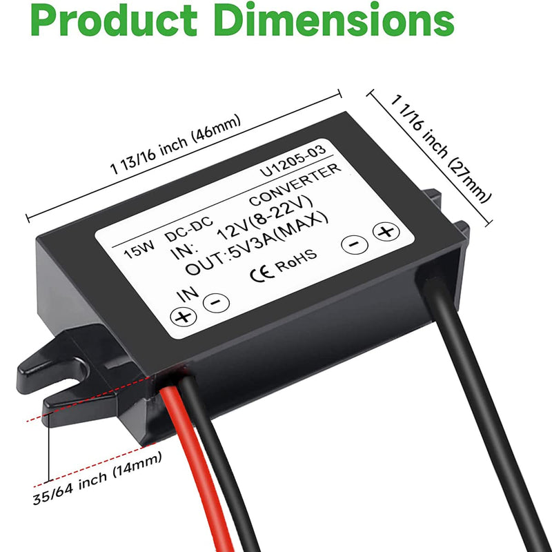 Greluma 1 Piece Waterproof 12V to 5V 3A Converter, Type C USB C DC-DC Step-Down Module Power Supply Compatible with Raspberry Pi 4, Mobile Phone, Car