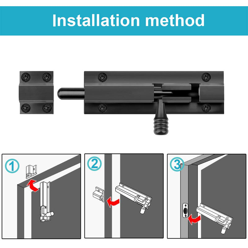 2 Pack 5" Black Aluminum Slide Bolt Gate Latch, Barrel Bolt for Fence Shed, Barn Door