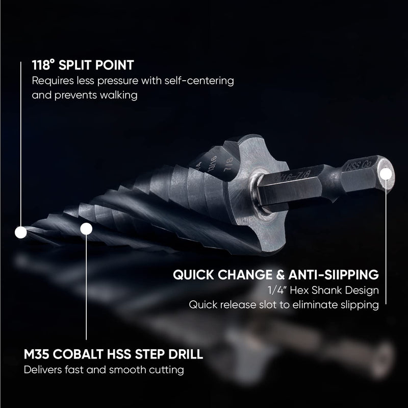 [Australia - AusPower] - toolant Four Spiral Flute Cobalt Step Drill Bit(Pro), 3/16" - 7/8"(12 Step Size) Impact Ready Unibit Step Drill Bit, 1/4" Hex Shank Step Bit for Metal, Stainless Steel, Aluminum, Plastic 3/16" - 7/8" 