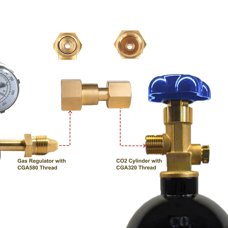 [Australia - AusPower] - Brass Cylinder Adaptors, Thread CGA580 to CGA320 CO2 Cylinder Inlet Adapter Carbon Dioxide Tank to Argon Flowmeter Regulator Fittings 