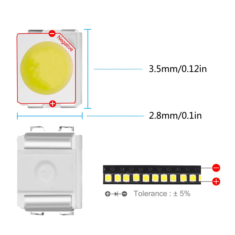 200pcs 3528(1210) White SMD LED Diode Lights Chips (3.5mmx2.8mm DC 3V 20mA 7-8LM) Super Bright Lighting Bulb Lamps Electronics Components Indicator Light Emitting Diodes 3528/1210 White