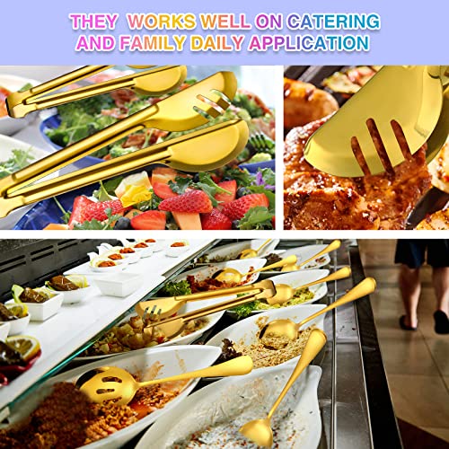 Patelai 15-piece gold stainless steel serving utensil set with buffet serving tools, including spoons, tongs, and forks.