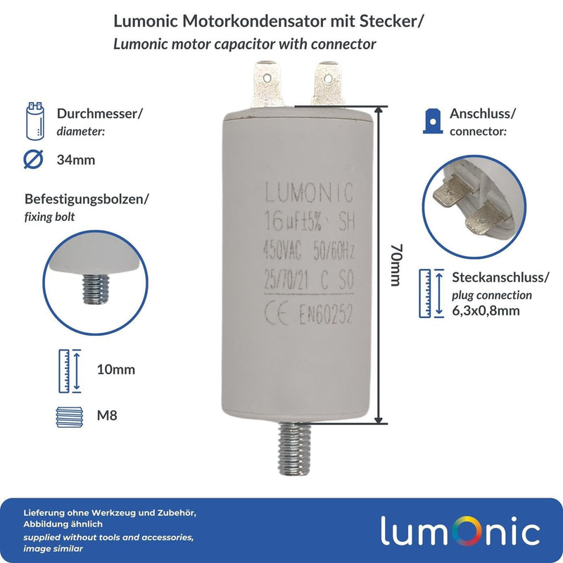 Lumonic Starting Capacitor 16µF 450V with Plug I 34 x 70 mm I 16uF I Motor Capacitor with Plastic Housing I Operating Capacitor I for Pumps, Lawnmowers, Tools Plugs