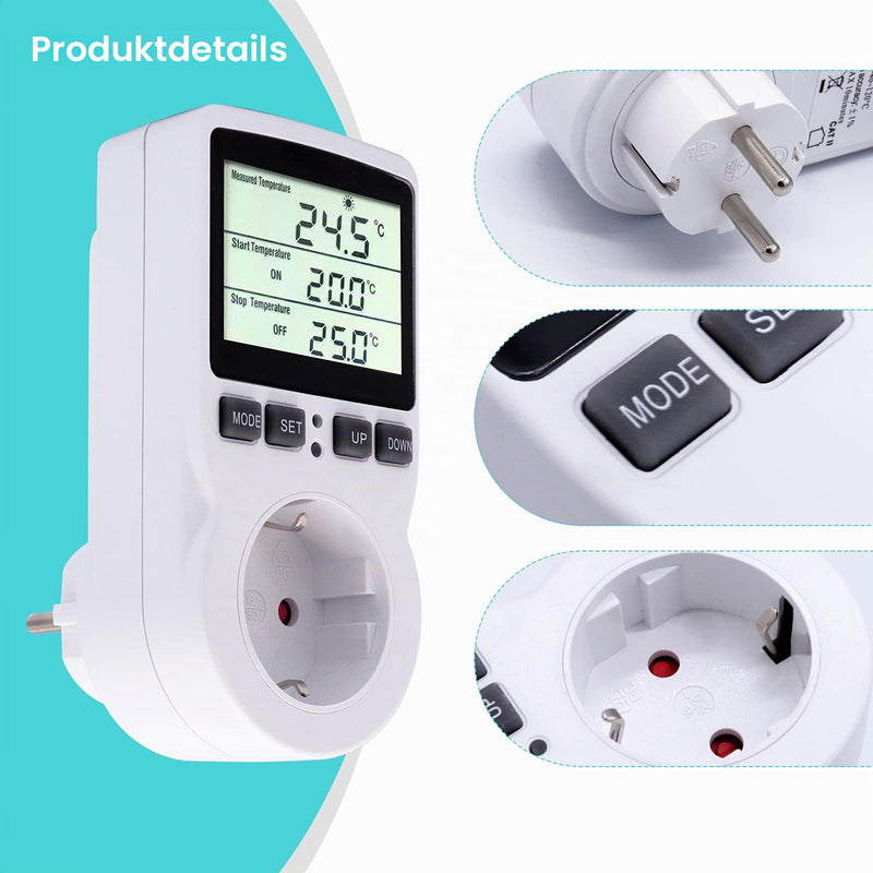 RUIZHI Digital Temperature Controller Sockets Heating Cooling Thermostat 250 V with Sensor Socket and Probe LCD Screen for Greenhouse, Aquarium, Terrarium, Reptiles (EU