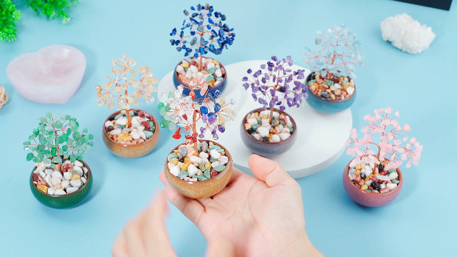 GEHECRST Chakra Crystal Tree Natural Healing Crystals Gemstone with Ceramic Base Handmade Stone Feng Shui Bonsai Money Tree for Wealth Good Luck Home Office Decor Crystal Gifts