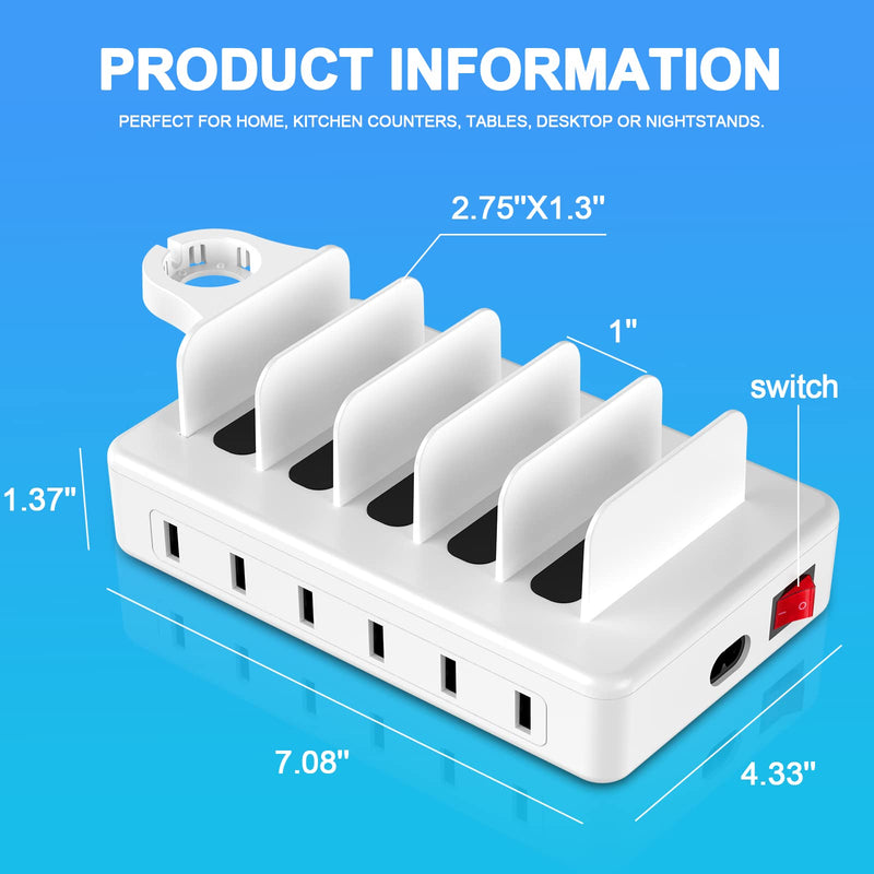 [Australia - AusPower] - CREATIVE DESIGN Charging Station for Multiple Devices,50W 6 Ports Charging Dock with 6 Cables Compatible with Cellphone,Tablet, Kindle, Apple Watch and Other Electronic White 