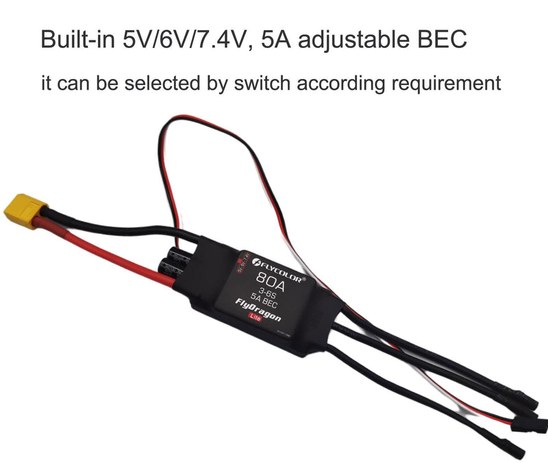 Flycolor 80A ESC 3-6S Electric Speed Controller 5v/6v/7.4v 5A BEC with XT60 & 3.5mm Bullet Plugs for RC Drone Airplane Brushless Motors