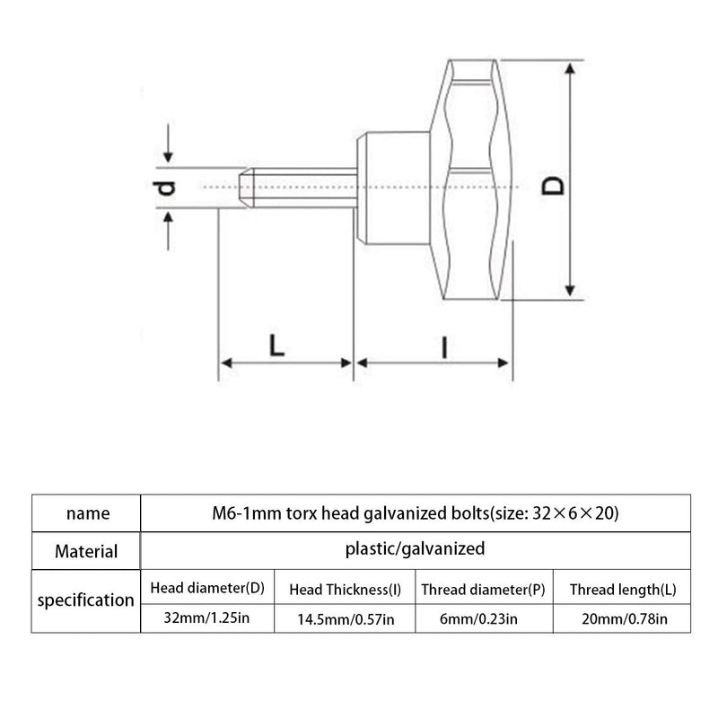[Australia - AusPower] - 10pcs M6-1.0x20mm Star Hand Knobs,Plastic Black Cap Clamping Knob. (Size: 32×6×20). M6x20 