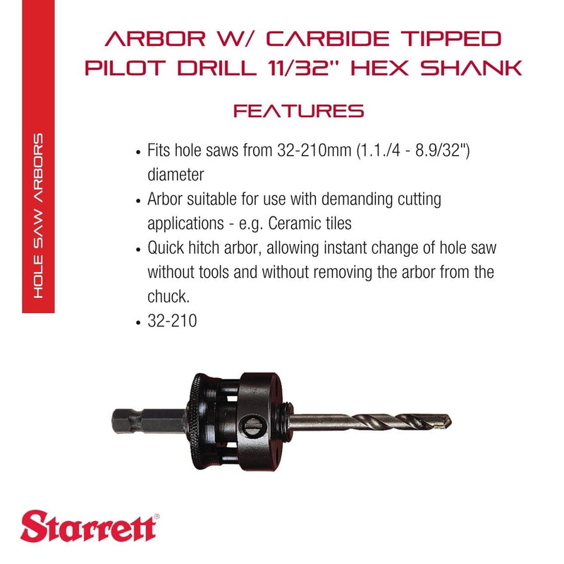 Starrett Quick Hitch Hole Saw Arbor with 1/4" Carbide Tipped Pilot Drill - Ideal for Professional and Home Improvement, 5/8"-18 Screw Thread, 11/32" Shank Size - XA10 1/4" Drill x 8.75mm Shank x 5/8"-18 Screw Thread