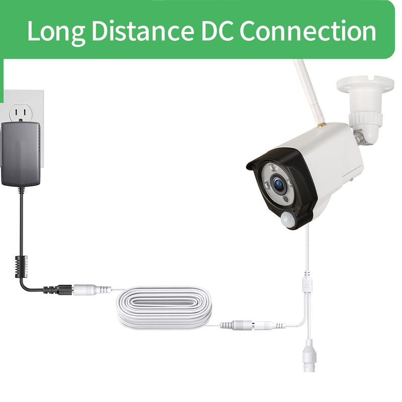 2-Pack 2 m DC Power Extension Cable, Connector 5.5 mm x 2.1 mm, Supports DC 5V 6V 9V 12V 24V, for Security Cameras, DVR, Router, Printer, LED Strip, White