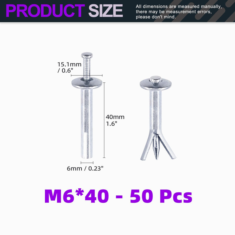 [Australia - AusPower] - Swpeet 50Pcs M6 x 40mm Silver Alloy Steel Concrete Anchors, Drive Expansion Nail, Hammer Drive Nail Set, 1/4" Diameter, Approx 1-9/16" Length for Concrete, Brick, Masonry 