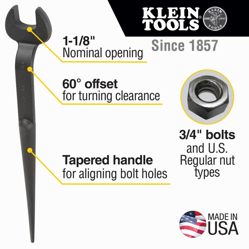 KLEIN TOOLS 3222 Construction Spud Wrench, Made in USA, 1-1/8-Inch Nominal Opening, 3/4-Inch Bolt for U.S. Regular Nut 1 to 1/4-Inch Taper