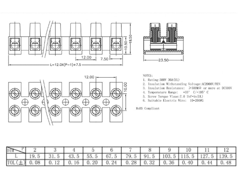 [Australia - AusPower] - (5 Pack) 12 Position / 24 Contact Terminal Block Barrier Strip Dual Row with Screw Connector 30 Amp 300V HVAC Panel Chassis Mount etc. ES1200/12DSFB 5 