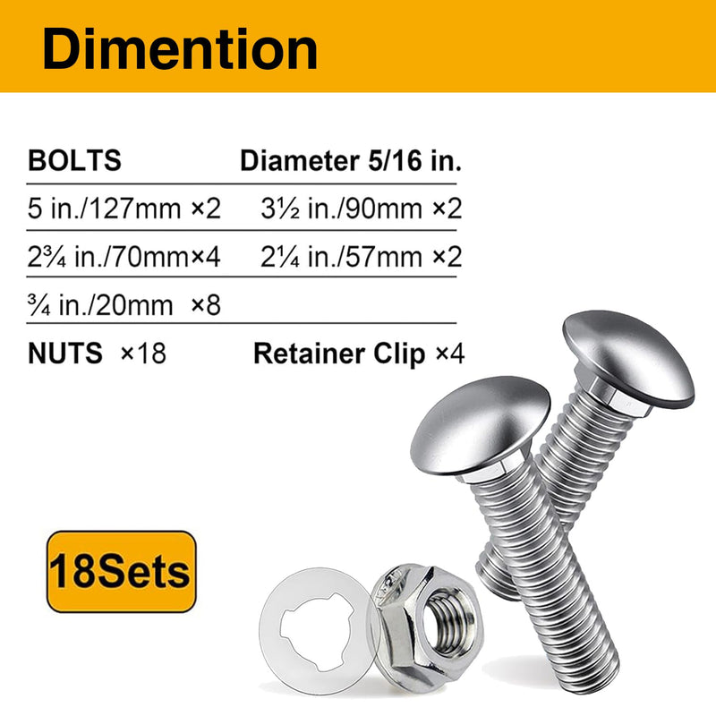 [Australia - AusPower] - Wheelbarrow Carriage Bolts and Nuts Kit,Stainless Steel Carriage Bolts 5/16-18 5”,3-1/2”,2-3/4”,2-1/4”,3/4”,Flange Hex Nuts,Nylon Retainer Clips,Wheelbarrow Handles Replacement Parts,18Sets S 