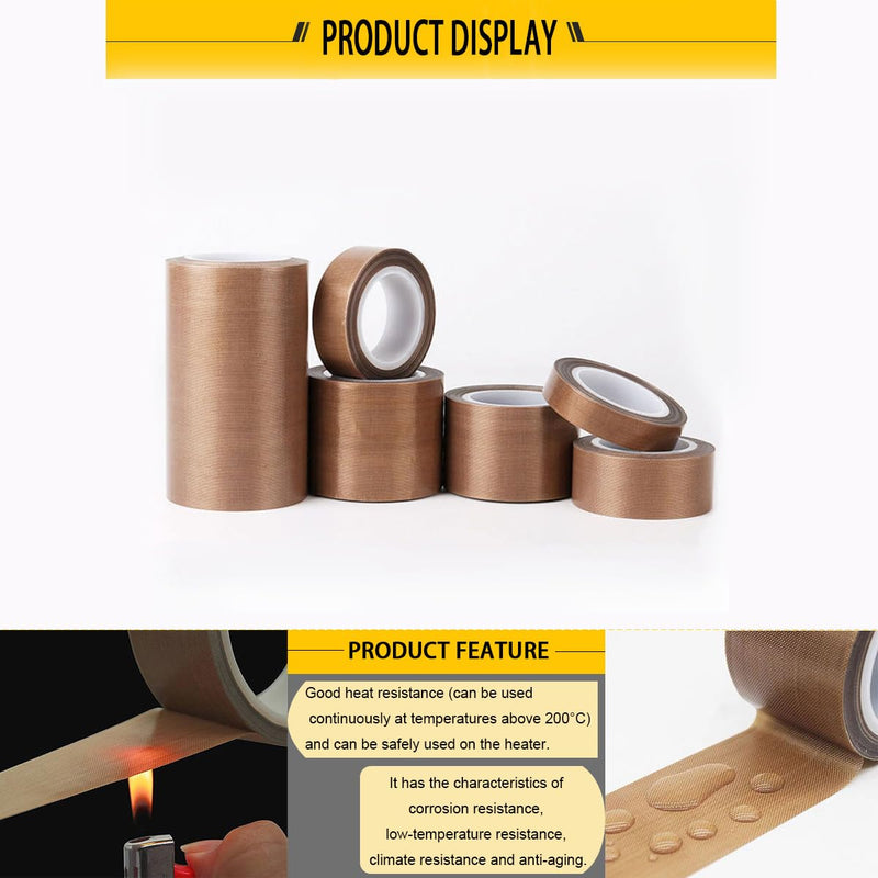 PTFE Coated Fabric Tape Teflon Adhesive Tape High Temperature Vacuum, Hand and Impulse Sealers Machine Sealing Tape 0.18mm Thick (25mm-5M)