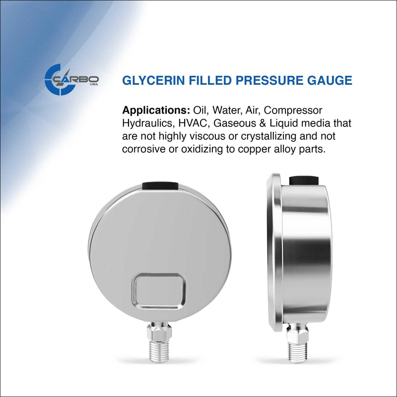 [Australia - AusPower] - 4" Pressure Gauge, Stainless Steel Case, Chrome Plated Brass Connection, Lqiuid Filled, Vacuum -30 Hg/0, Lower Mount 1/4" NPT -30 inHg 