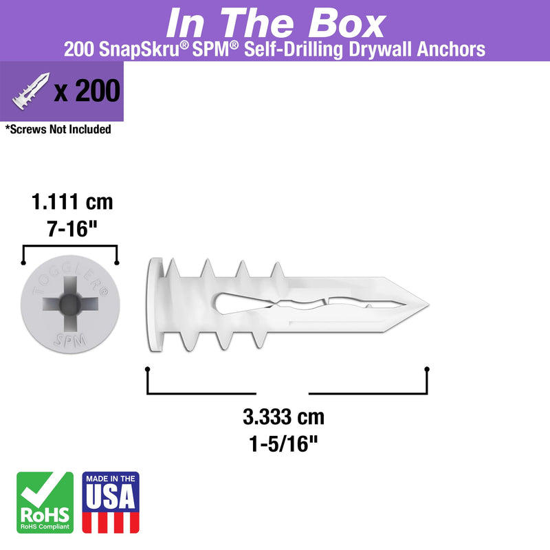 TOGGLER SnapSkru SPM Mini Self Drilling Drywall Anchor, Glass Filled Nylon, Made in USA, Heavy Duty Dry Wall Anchors for #6 to #8 Fasteners, (Pack of 200 - Screws not inculded) 200 Pack w/o Screws