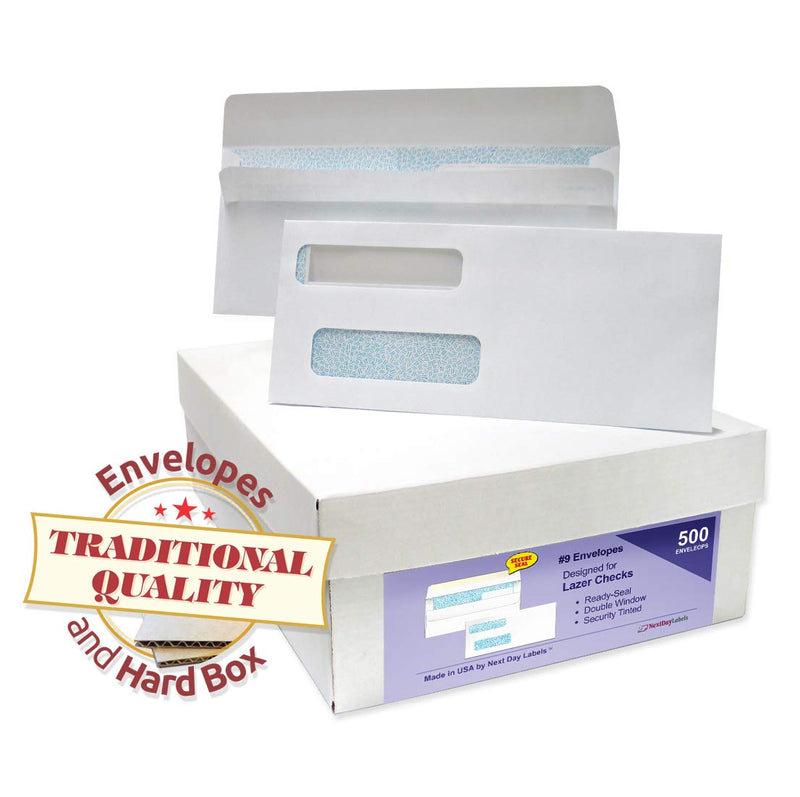 NextDayLabels #9 Double Window Check Envelopes - 500 Pack Ready-Seal Security Tinted Envelopes for QuickBooks, Sage 100, Blackbaud Checks - Self-Sealing Laser-Compatible - Made in USA #9 Envelope-500 Pack