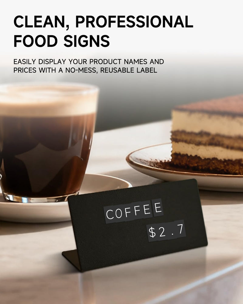 Mini Magnetic Letter Display Signs – Chalkboard-Style Reusable Food Price Labels | 12 Metal Boards + 900 Magnetic Characters for Bakery, Café, Dessert Shop, Deli & Catering Use Black 3.15 x 1.46 Inches 12 Metal Sign + 4 Letter Sheet (3.15 x1.46")