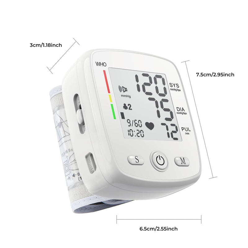 [Australia - AusPower] - Blood Pressure Monitor Adjustable Wrist Cuff Digital Rechargeable Machine for Home Use with Voice Function, 2 x 90 Readings, Carrying Case, White 