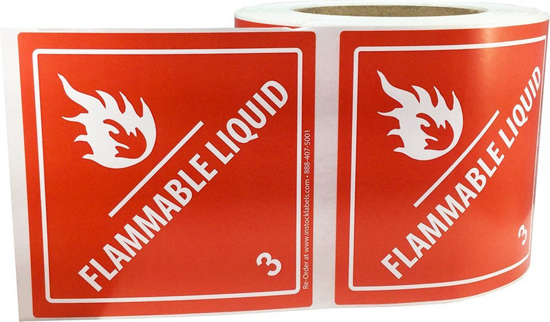 Hazard Class 3 D.O.T. Flammable Liquid Labels, 4 x 4 Inch Square Red and White Hazmat Stickers, 500 Total Adhesive Shipping Labels on a Roll – Made in the USA