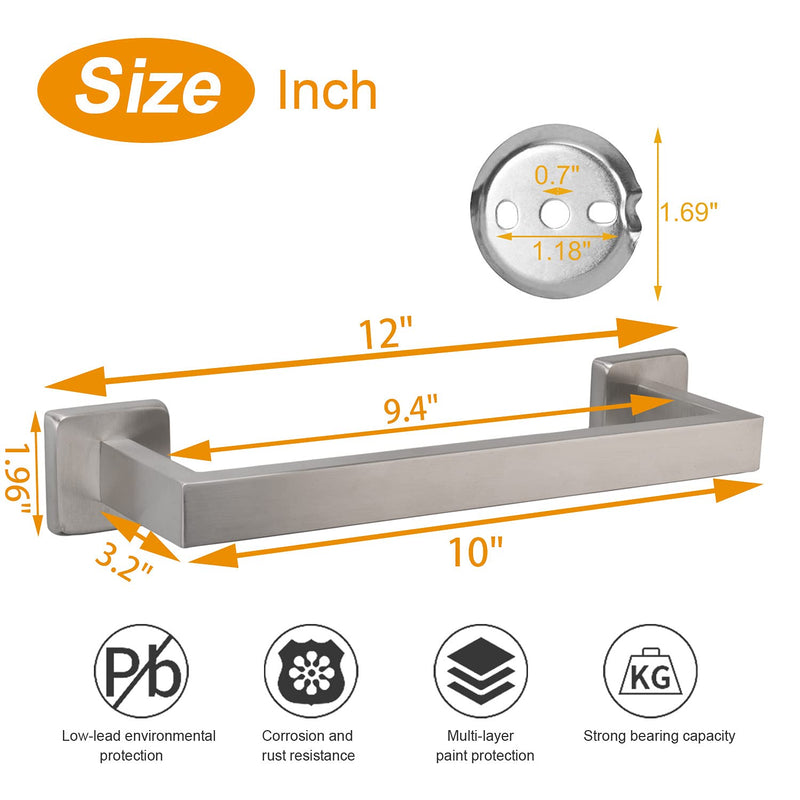TocTen Bath Towel Rack - Square Base Thicken SUS304 Stainless Steel Towel Bar for Bathroom, Bathroom Accessories Towel Rod Heavy Duty Wall Mounted Towel Holder. (Brushed Nickel, 12) Brushed Nickel