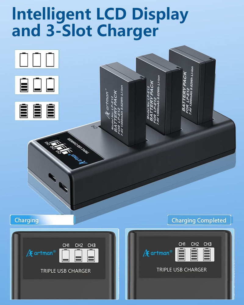 [Australia - AusPower] - FirstPower LP-E12 Battery 3-Pack and Triple Slot Charger for Canon EOS M50, EOS M50 Mark II, EOS M, EOS M2, EOS M10, EOS M100, EOS M200, Rebel SL1, PowerShot SX70 HS Digital Cameras 