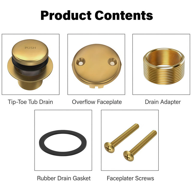 Tub Drain Tip-Toe Trim Set with Two-Hole Overflow Faceplate,Bath Tub Drains Conversion Kit with Universal Fine/Coarse Thread,Brushed Gold Replacement Bathtub Drain Stopper Assembly