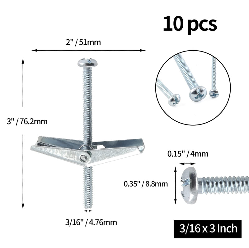 [Australia - AusPower] - 10Pcs 3/16 x 3 Inch Round Head Toggle Bolt and Wing Nut, Metal Toggle Bolts Heavy Duty Wall Anchor Bolts Molly Screws for Drywall Wood Hanging Item 3/16 x 3 Inch(10Pcs) 