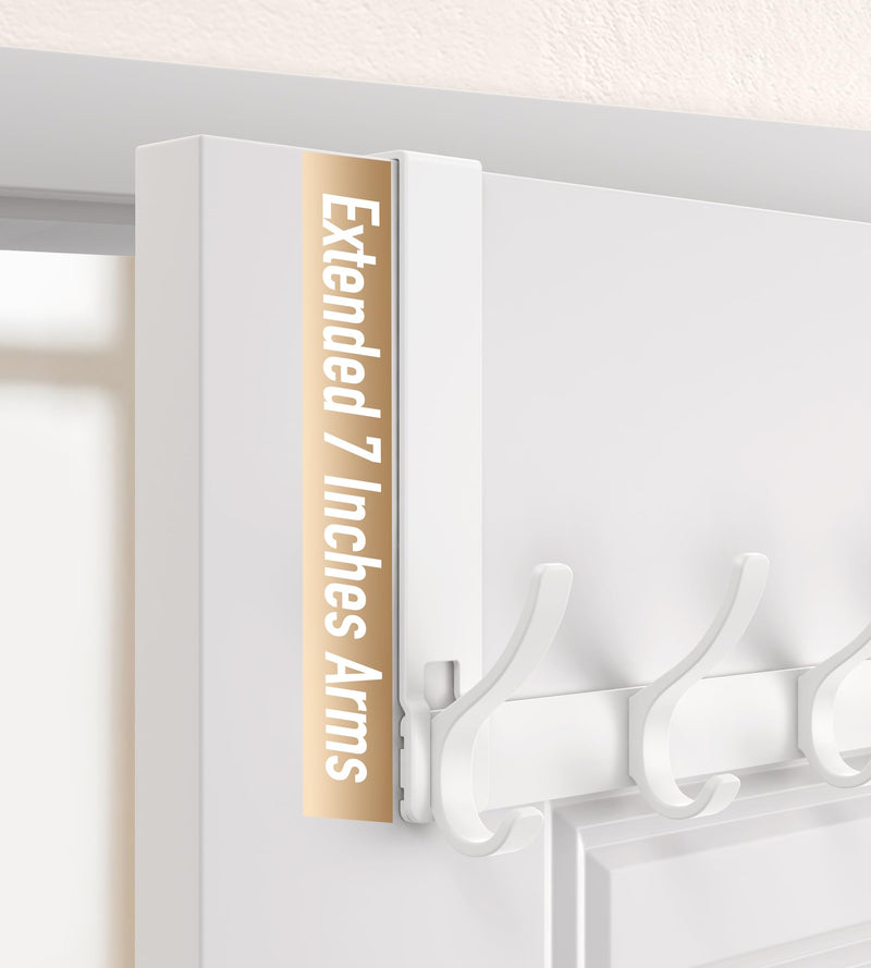 [Australia - AusPower] - KitchLife Over The Door Hooks Hanger with 7 inches Extended Arms, Tool-Free Assembly, Fits 1 3/8" Doors, F18U, Bathroom Towel Rack Organization, Thickened 6-Double Hook, Glossy White Fits 1 3/8" Doors with 7" Arms 