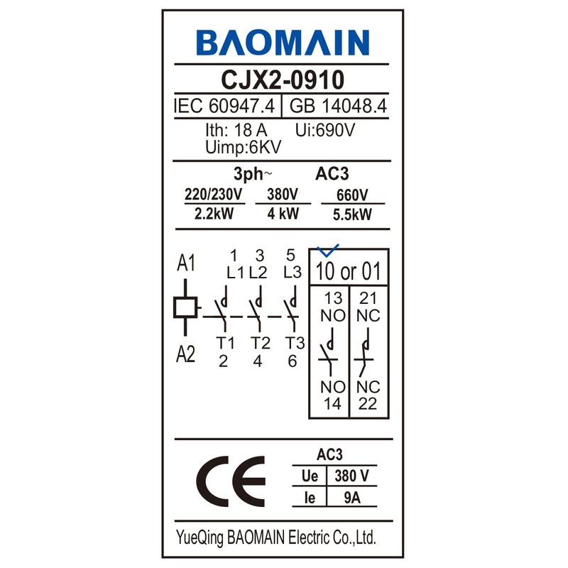 [Australia - AusPower] - Baomain AC Contactor CJX2-0910 110V 50/60 Hz Coil 3 Phase 1NO 660V 25 Amp 