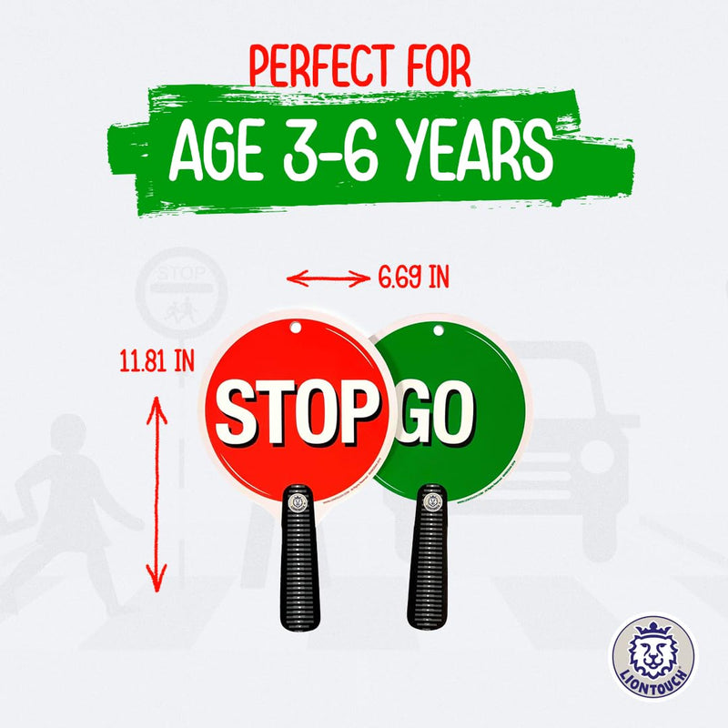 Liontouch - Stop & Go Signs, 3-Pack, Red & Green | 1+ Year - 8.9 x 5.5 in | Durable & Reversible Lollipop-Shaped Foam Paddle for School Patrolling Kids | for Teaching Children Traffic & Street Safety