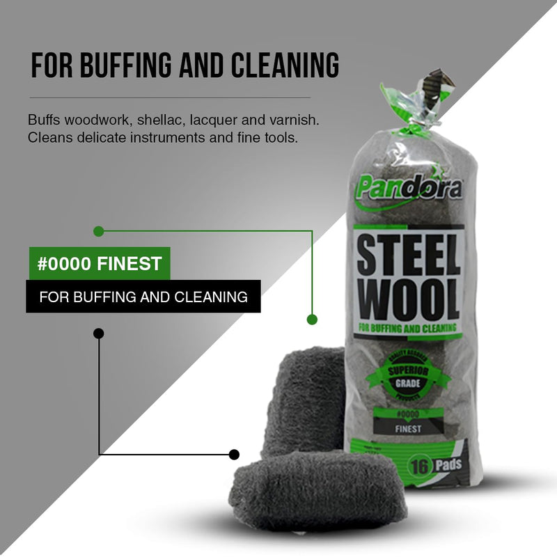 [Australia - AusPower] - Pandora Steel Wool #0000 - Finest Grade, 16 Pads for Buffing and Cleaning - Quality Metal Strands - Ideal for Windows and Furniture #0000 Finest 