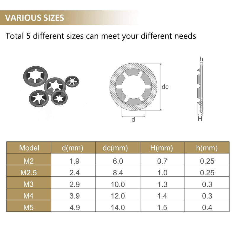 [Australia - AusPower] - 420 Pieces Internal Tooth Star Lock Washers, Kindroufly 5 Sizes Quick Speed Locking Washers, Push on Retaining Clips Assortment Kit (M2, M2.5, M3, M4, M5) M2, M2.5, M3, M4, M5 
