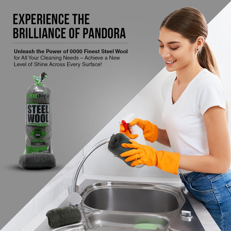 [Australia - AusPower] - Pandora Steel Wool #0000 - Finest Grade, 16 Pads for Buffing and Cleaning - Quality Metal Strands - Ideal for Windows and Furniture #0000 Finest 