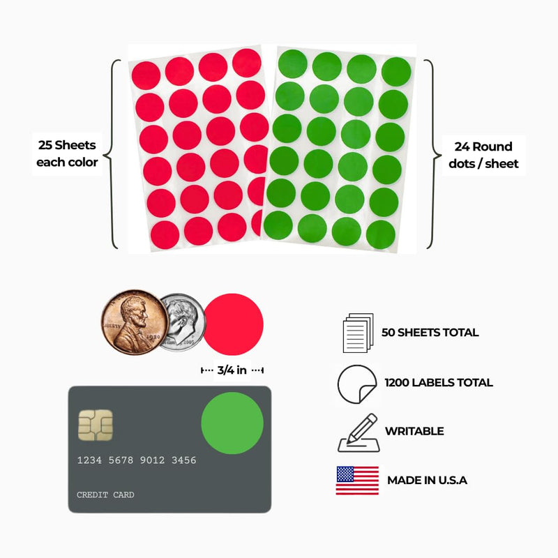ChromaLabel 3/4 Inch Label Dots Sticker, Red and Green Dot Stickers, Color Coding Dots, Round Sticky Dots, 1200 Colored Round Stickers per Variety Pack 3/4" Diameter