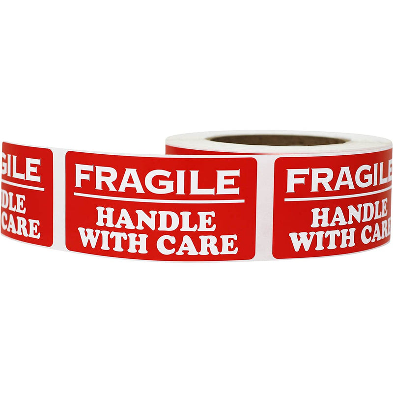 Fragile Handle with Care Labels – Red and White, 2 x 4 Inch Adhesive Stickers, 500 Total Labels Per Roll for Shipping, Packaging, Warehouses, and Inventory – Made in the USA