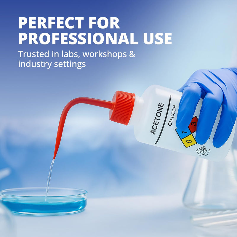 United Scientific™ UniSafe™ Acetone Squeeze Bottle, Wide Mouth Wash Bottles 500mL (16oz), Pack of 6 – Pre-Labeled LDPE Chemical Wash Bottle w/Red Color-Coded Cap, Self-Venting Leak-Proof Lab Bottles