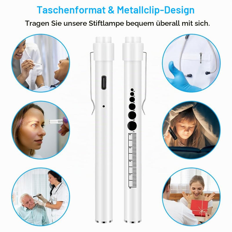 flintronic 2 x Pupil Light Medicine, Diagnostic Light Nurse Emergency Service Accessories with Pupil Meter & Ruler, Rechargeable USB LED Pen Lamp for Nurses Students Doctors #7 White/Black 2pcs