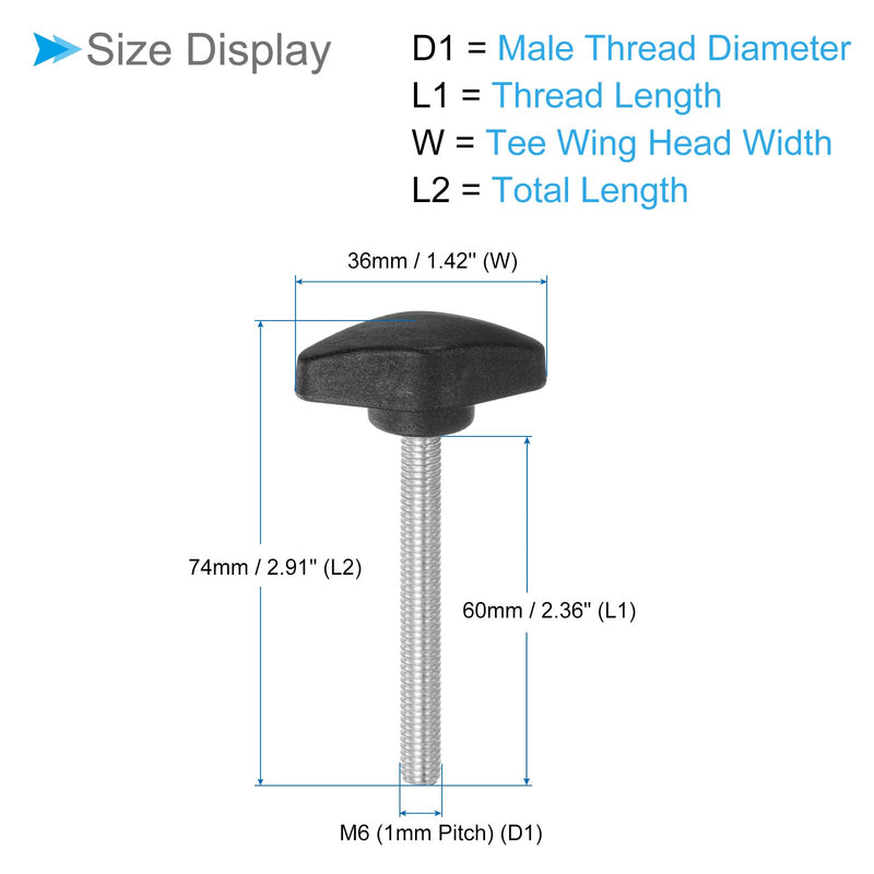 [Australia - AusPower] - Tee Wing Knobs Thumb Screw, M6 x 60mm Male Thread, Plastic T Thumb Clamping Screw Threaded Stud Hand Knobs Grip, (Applications: for Machinery Lathes), 10-Pieces 