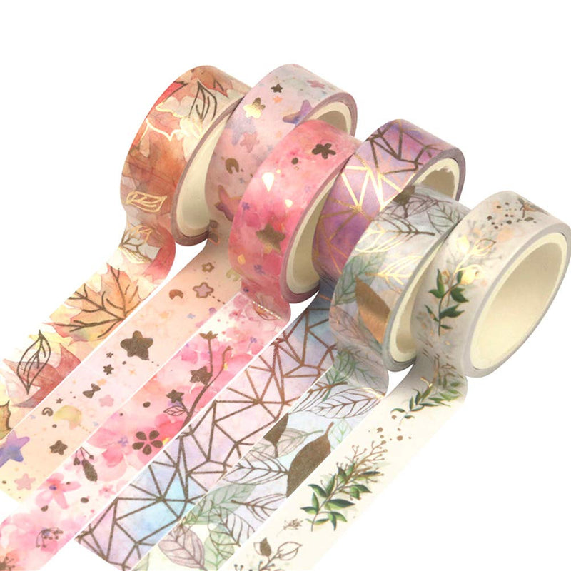 YUBBAEX Floral Gold Washi Tape Set 6 Rolls VSCO Foil Masking Tape Decorative for Arts, DIY Crafts, Journal Supplies, Planners, Scrapbook, Card/Gift Wrapping -15mm- (Romantic Flowers) Romantic Flowers