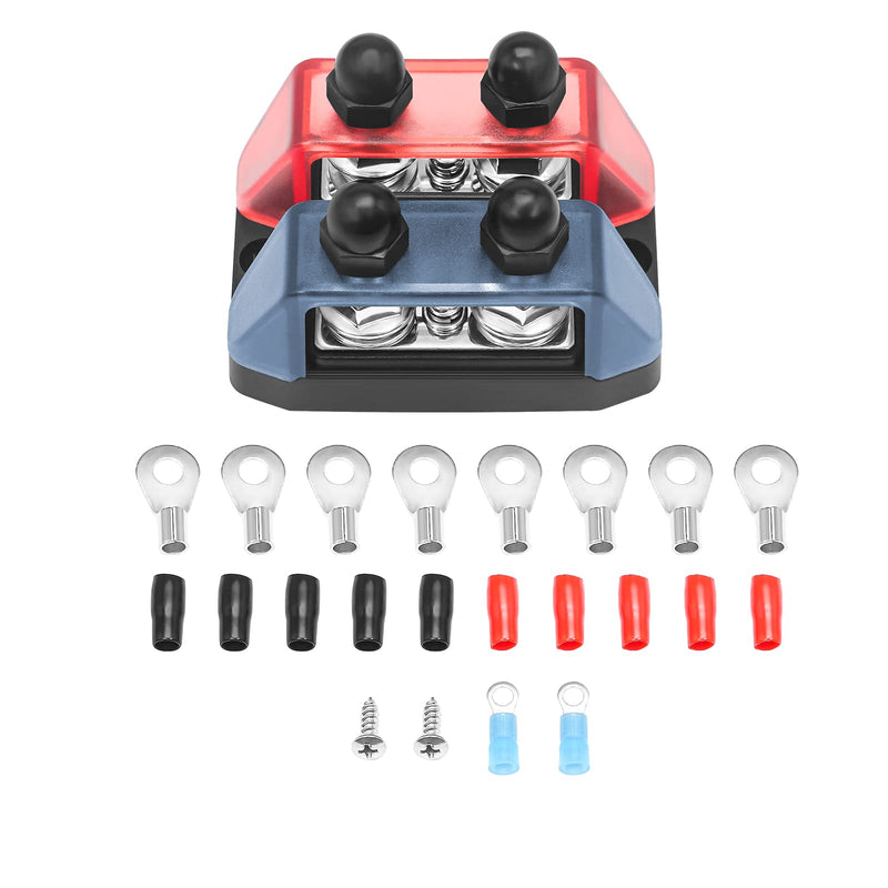 RECOIL Dual Row Busbar Positive and Negative 2 x 5/16” Studs 1 x #8 Screw Terminals Power and Ground Distribution Block with Ring Terminals Red & Black