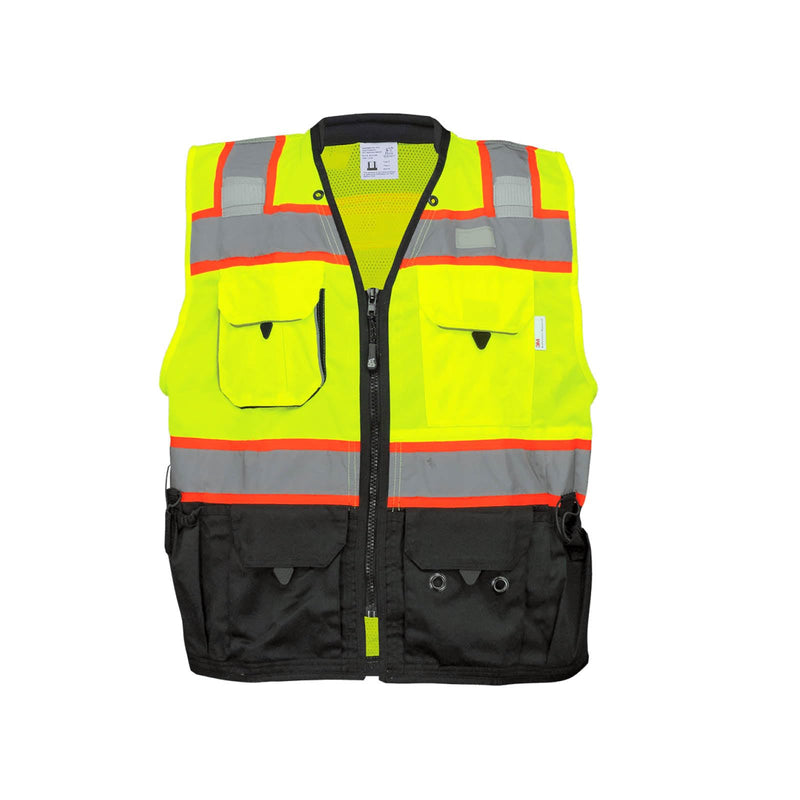 GGS High Visibility Safety Vest - Lightweight Yet Durable, Reflective Tape, 9 Pockets - Construction, Transportation, Running/Biking, Hunting, Yellow/Green & Black, XL X-Large