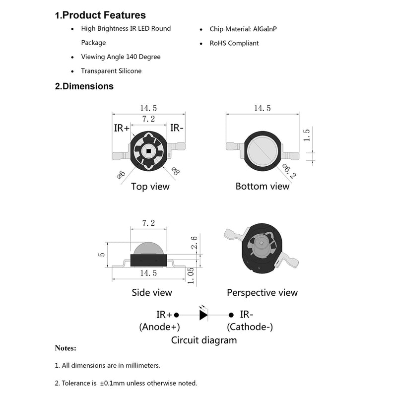 IR LED 10Pcs 3W 850nm High Power LED Chip Infrared Emitting Illuminator for Night Vision (700mA/1.4-1.6V/42mil chip) IR-850nm