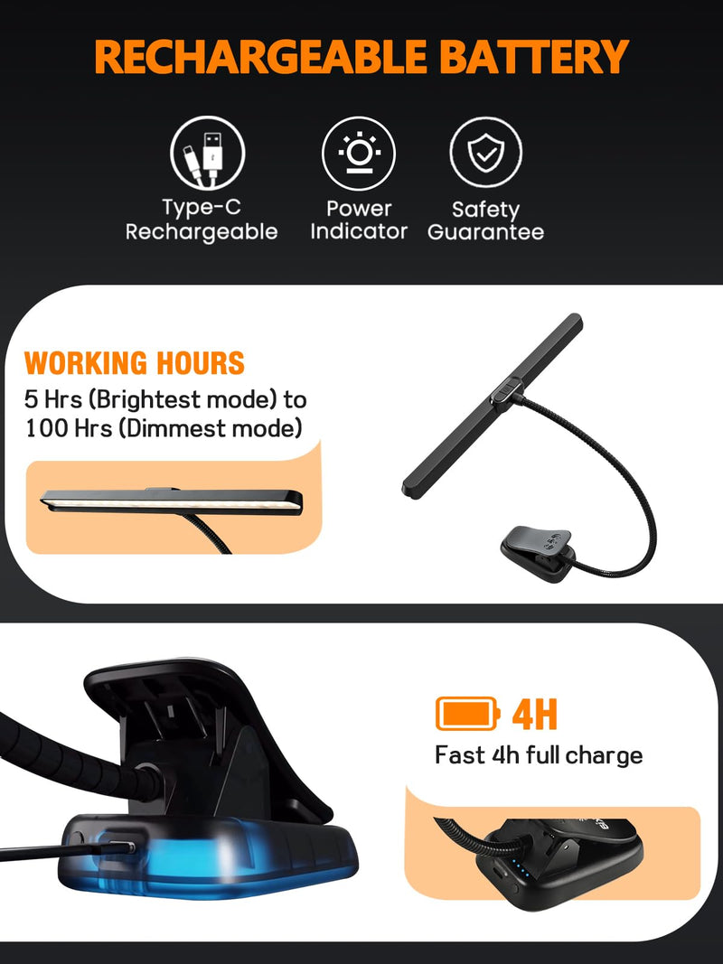 [Australia - AusPower] - Vekkia Professional 116 LED Rechargeable Music Stand Light - Foldable Clip-on Lamp, Eye-Protective, 5 Brightness & 3 Color Temp Adjustments, for Piano, Reading 6 Watts 