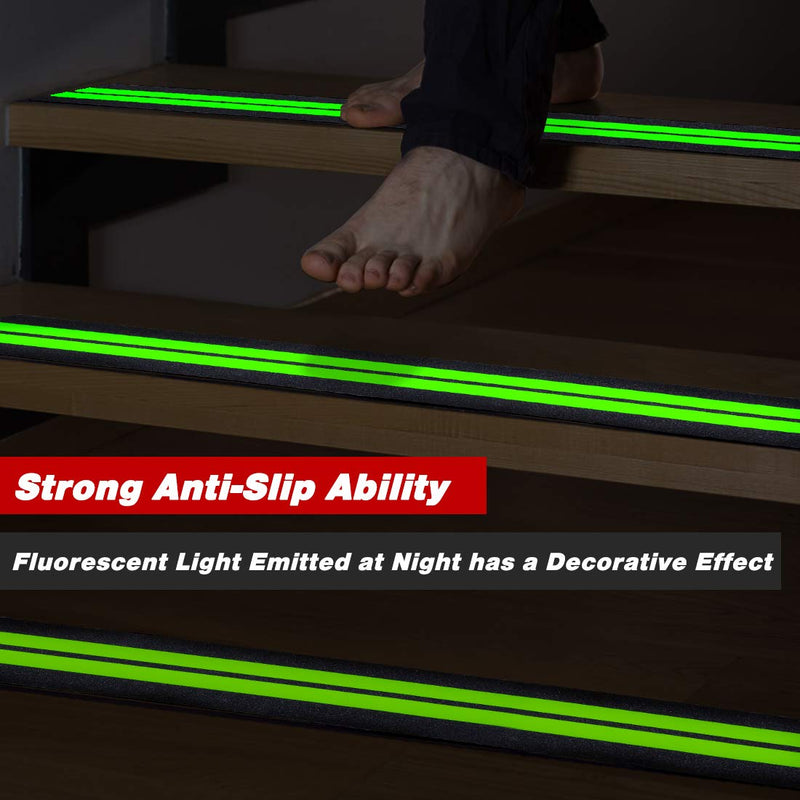 ONTWIE 2 in X 24 in Anti-Slip/Glow-in-Dark Tape - Premium 15 Pre-Cut Strips, 80 Grit Anti Slip Adhesive Grip and Prevents Risk for Stairs or Other Safety Needs (15 Pack) 24''x2'' Black with Glow in the Dark Strips