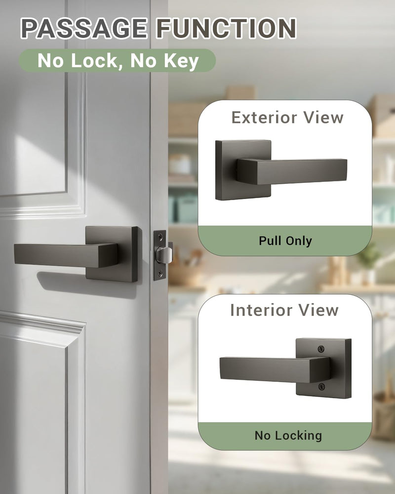 KNOBWELL 1 Pack Gunmetal Black Door Handle Brushed Black Nickel Square Doorknob with Lever Interior Door Lever for Closet Hallway Gunmental Black Passage(No Lock)