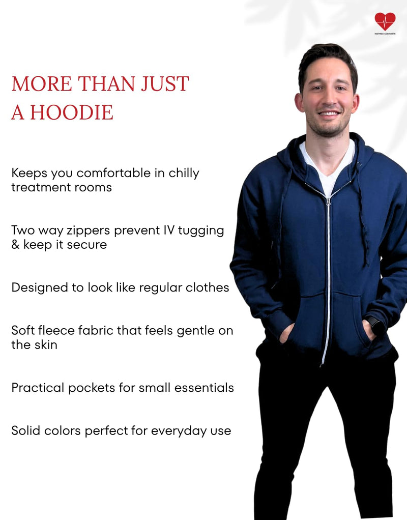 Inspired Comforts Dialysis Port Access Unisex Hoodie with Two Way Arm Access Zip Medium Navy