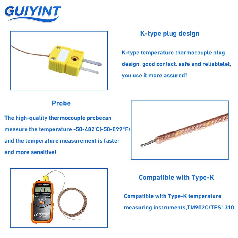 [Australia - AusPower] - K-Type Thermocouple Probe Sensor - High Accuracy Mini Connector with 1M (3.28ft) Cable, Wide Range -58°F to 899°F (-50°C to 482°C) - 5 Pack (1M) 