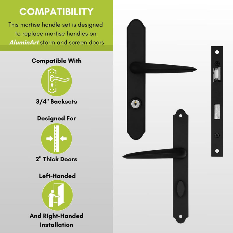 Ideal Security MSMB Straight Mortise Lock Set, Exclusive Replacement for AluminArt Storm Doors and Screen Doors, Adjustable 3/4" Backset, Matte Black